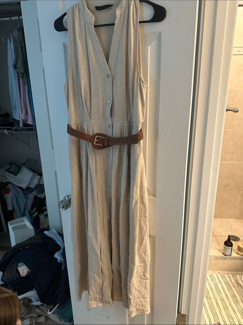 Zara Belted Linen Blend Midi Dress in Cream & Brown
